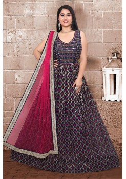 Navy Blue And Rani Pink Georgette Designer Gown